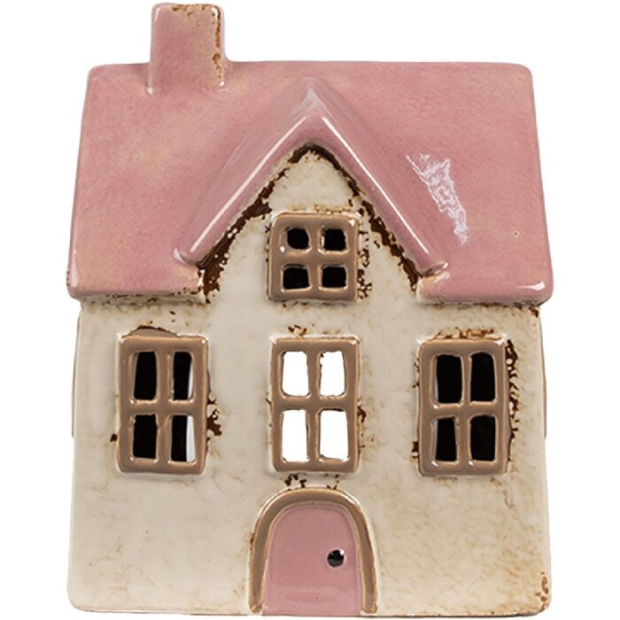 Clayre & Eef 6CE1900 Theelichthouder Huis Beige Roze 13x10x16 cm Keramiek