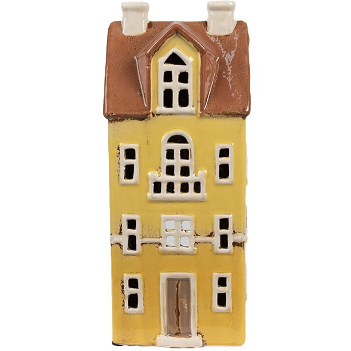 Clayre & Eef 6CE1913 Theelichthouder Huis Geel Bruin Landelijke Stijl 11x9x25 cm
