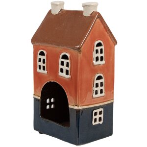 Clayre & Eef 6CE1914 Theelichthouder Huis Keramiek Oranje Blauw 12x9x22 cm