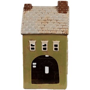Clayre & Eef 6CE1870 Theelichthouder Huis Keramiek Groen Beige 14x10x26 cm