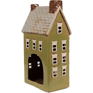 Clayre & Eef 6CE1870 Theelichthouder Huis Keramiek Groen Beige 14x10x26 cm
