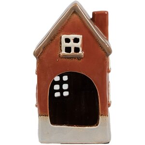 Clayre & Eef 6CE1909 Theelichthouder Huis Keramiek Oranje Bruin 10x8x18 cm