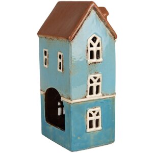 Clayre & Eef 6CE1915 Theelichthouder Huis Blauw Bruin 11x9x22 cm