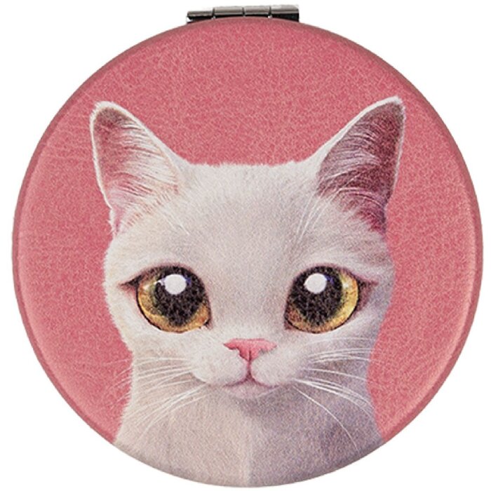 Juleeze JZSP0016 Handspiegel kat motief Ø 7x1 cm Roze Wit