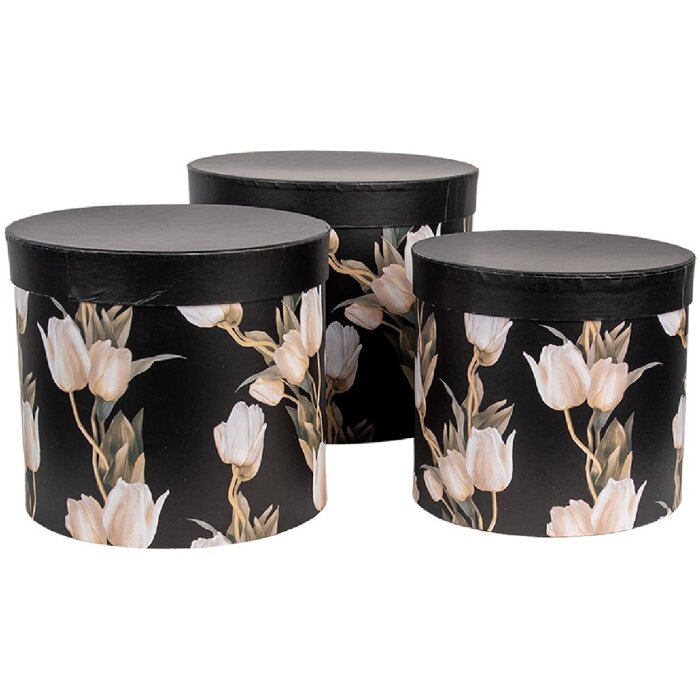 Clayre & Eef 66023 Opbergdozen Set 3 Maten Zwart Bloemen Landelijke Stijl