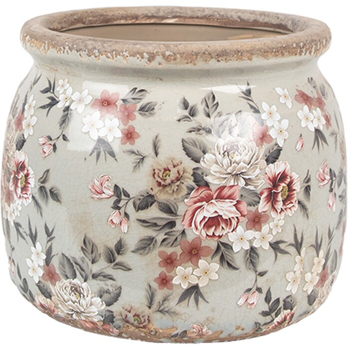 Clayre & Eef 6CE1964M Bloempot Grijs Roze Ø 16x13 cm Landelijke stijl
