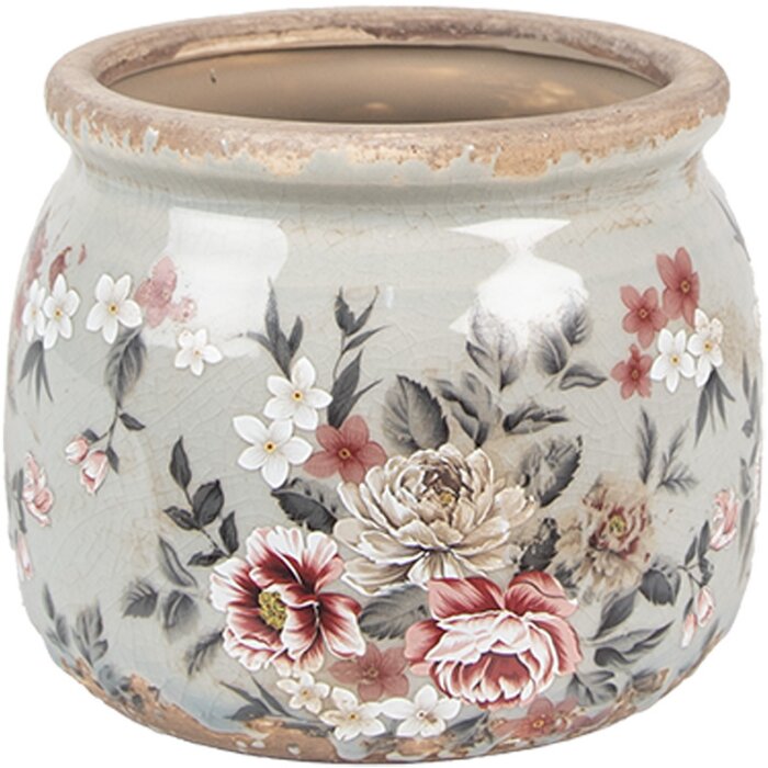 Clayre & Eef 6CE1964S Bloempot Grijs Roze Ø 12x10 cm Landelijke stijl