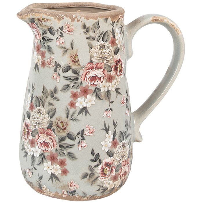 Clayre & Eef 6CE1965M Keramische kan grijs roze bloemen 16x12x18 cm landelijke stijl
