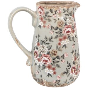 Clayre & Eef 6CE1965M Keramische kan grijs roze bloemen 16x12x18 cm landelijke stijl