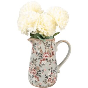 Clayre & Eef 6CE1965M Keramische kan grijs roze bloemen 16x12x18 cm landelijke stijl