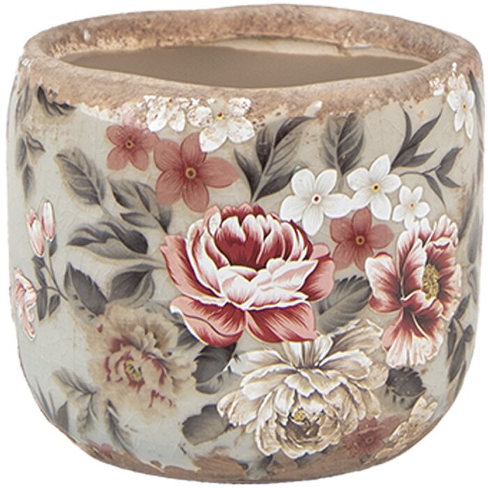 Clayre & Eef 6CE1966S Bloempot Grijs Roze Ø 10x9 cm Keramiek landelijke stijl