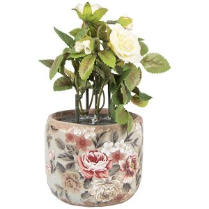 Clayre & Eef 6CE1966S Bloempot Grijs Roze Ø 10x9 cm Keramiek landelijke stijl