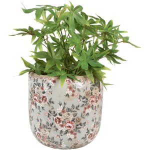 Clayre & Eef 6CE1966XL Bloempot Keramiek Grijs Roze Bloemen Ø 19x18 cm