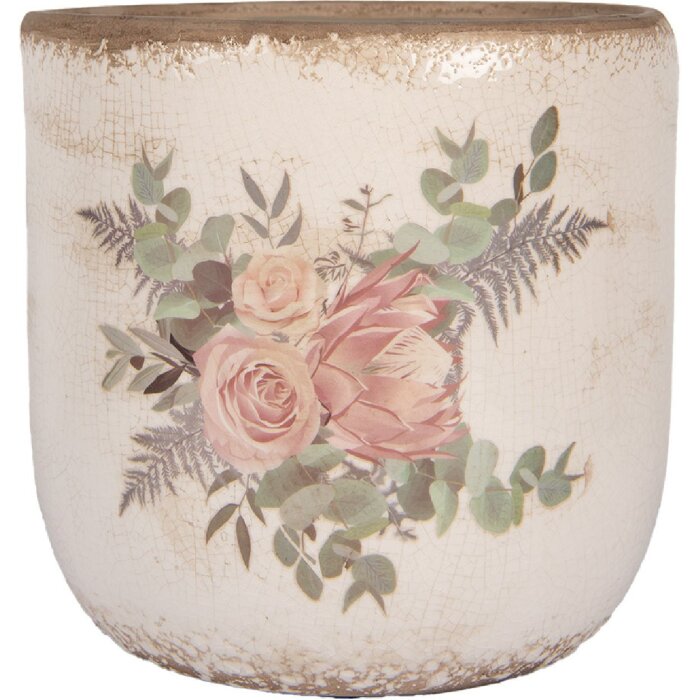 Clayre & Eef 6CE1981L Bloempot Keramiek Bloempatroon Beige Roze Ø 18x17 cm