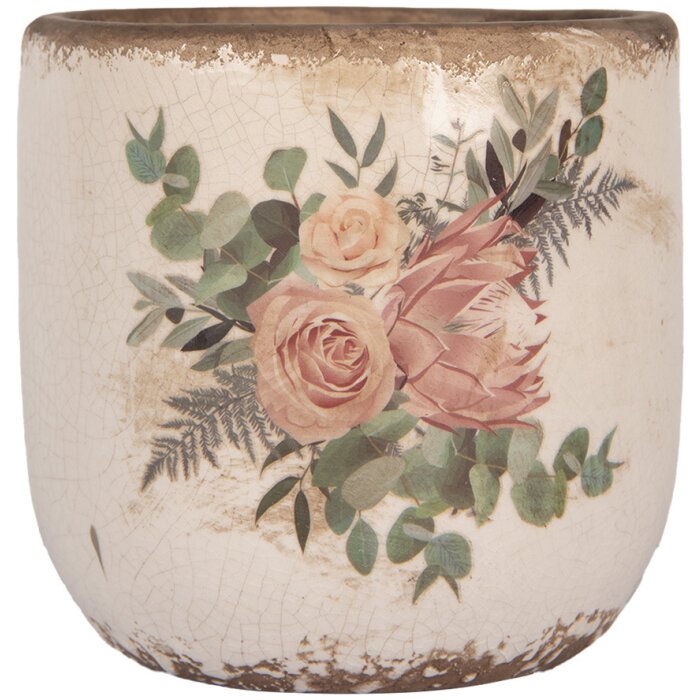 Clayre & Eef 6CE1981M Bloempot keramiek beige roze Ø 14x13 cm