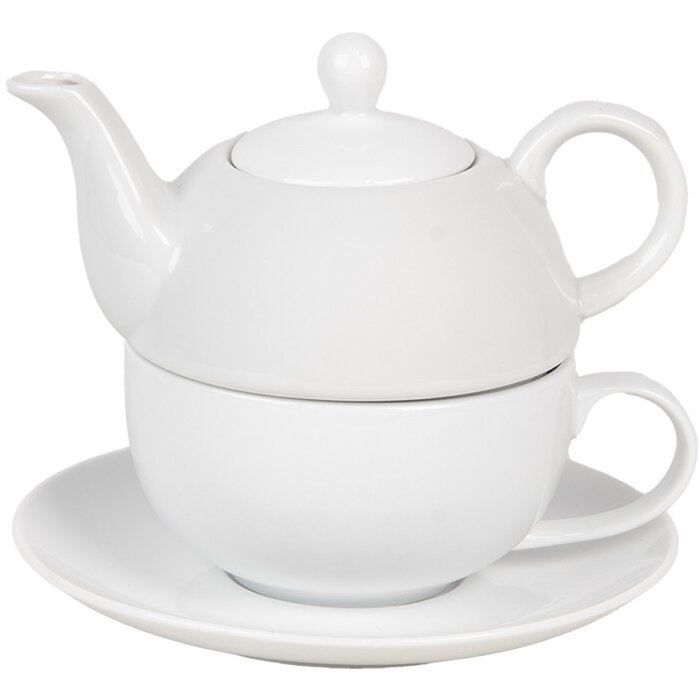 Clayre & Eef 6CETEFO0001 Thee-voor-Eén-Set Wit Keramisch Landelijk Stijl 350ml 250ml