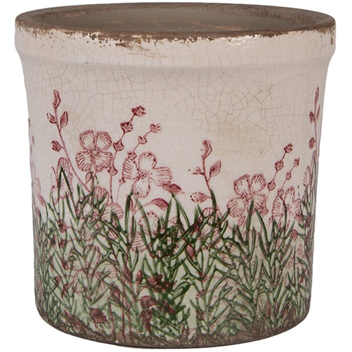 Clayre & Eef 6CE2017M Bloempot keramiek beige groen Ø 15x14 cm landelijke stijl