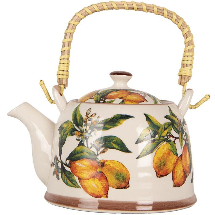 Clayre & Eef 6CETE0174 Theepot Keramiek Wit Geel 800 ml Retro