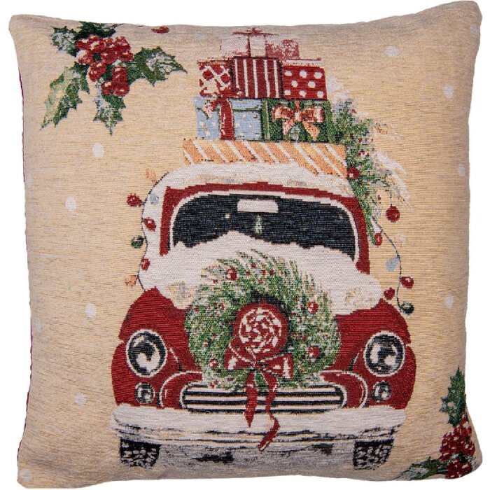 Clayre & Eef KT021.381 Kussenhoes Beige Rood 44x44 cm Landelijke stijl Kerstmis