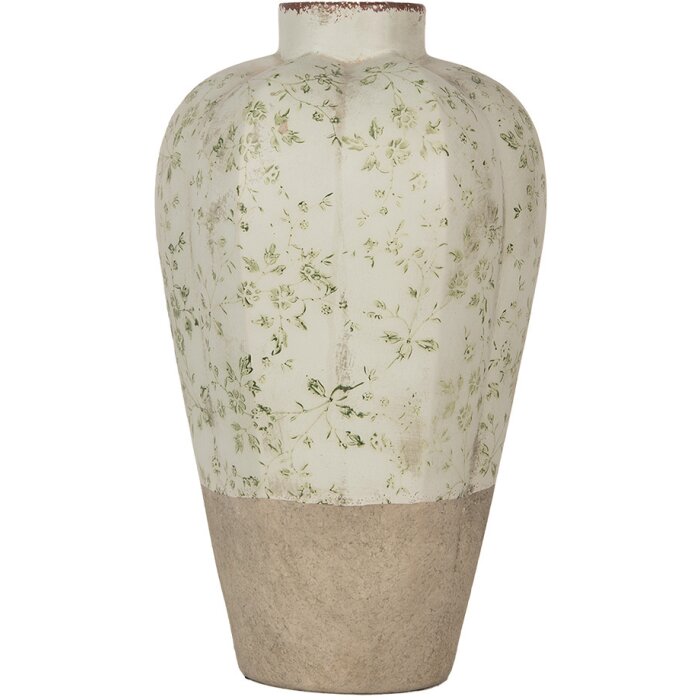 Clayre & Eef Vaas Keramiek Beige Groen Ø 24x38 cm Landelijke stijl