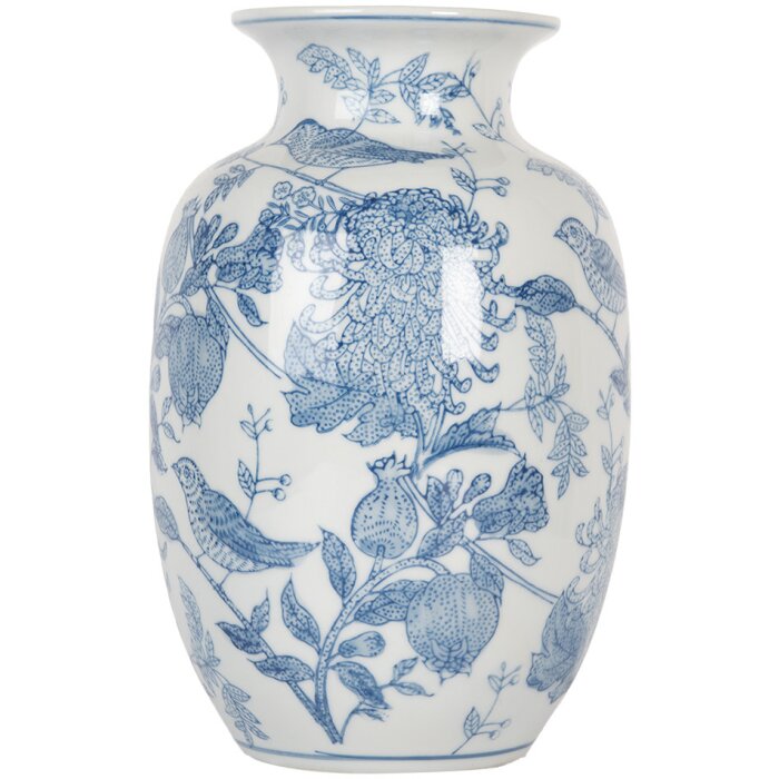 Clayre & Eef 6CE2100 Vaas Wit Blauw Ø 14x23 cm Keramiek met patroon