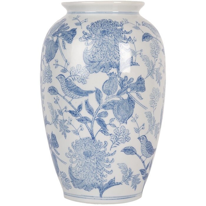 Clayre & Eef 6CE2102 Vaas keramiek wit-blauw Ø 17x27 cm Botanische stijl
