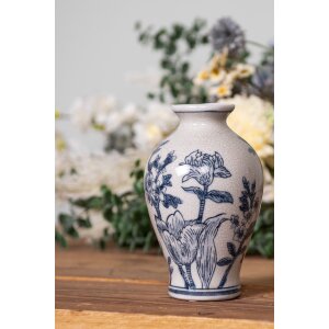 Clayre & Eef 6CE2078 Vaas Wit-Blauw Ø 9x15 cm Keramiek Vintage Design