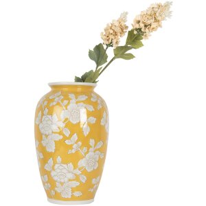 Clayre & Eef 6CE2088 Vaas Geel-Wit Ø 17x27 cm Keramiek Retro Vintage Stijl