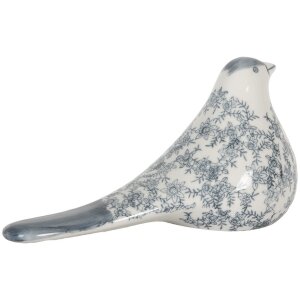 Clayre & Eef Decoratie Vogel Wit-Blauw 25x11x13 cm Keramiek Vintage Stijl