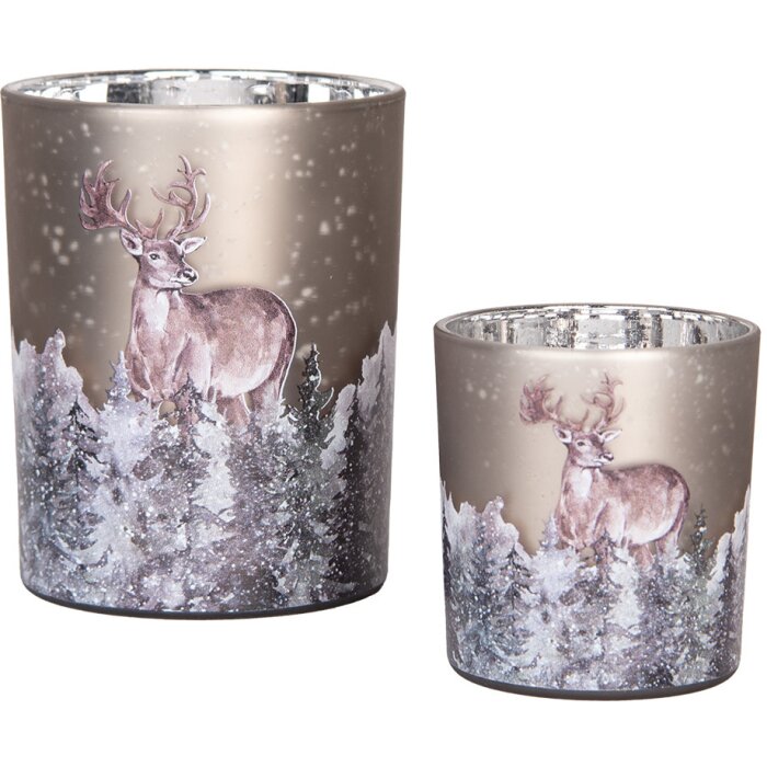 Clayre & Eef 6GL4984 Theelichthouder Set Glazen Hertenmotief Grijsbruin Set van 2