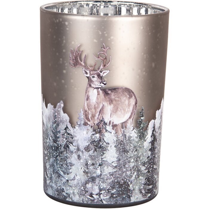 Clayre & Eef 6GL4985 Theelichthouder glas hert motief grijsbruin Ø12x18 cm