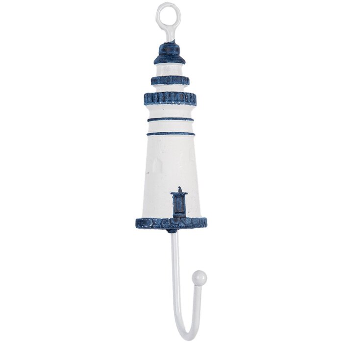 Clayre & Eef 66070BL Wandhaak Vuurtoren Metaal Hout Wit Blauw 4x4x18 cm