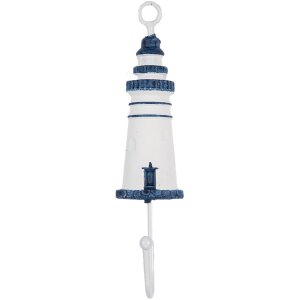 Clayre & Eef 66070BL Wandhaak Vuurtoren Metaal Hout Wit Blauw 4x4x18 cm