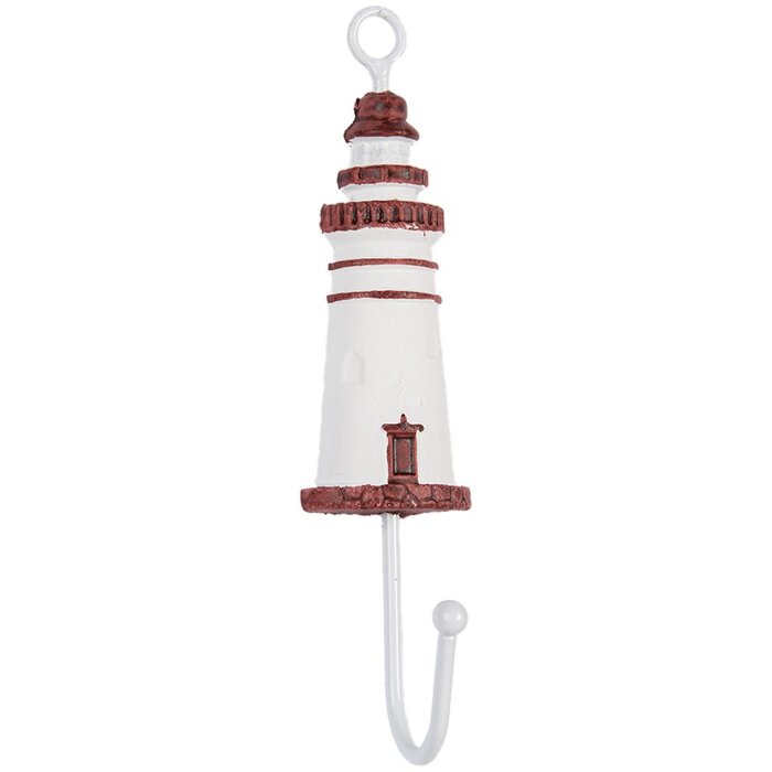 Clayre & Eef 66070R Wandhaak vuurtoren hout metaal wit rood 4x4x18 cm