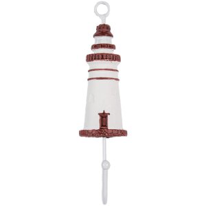 Clayre & Eef 66070R Wandhaak vuurtoren hout metaal wit rood 4x4x18 cm