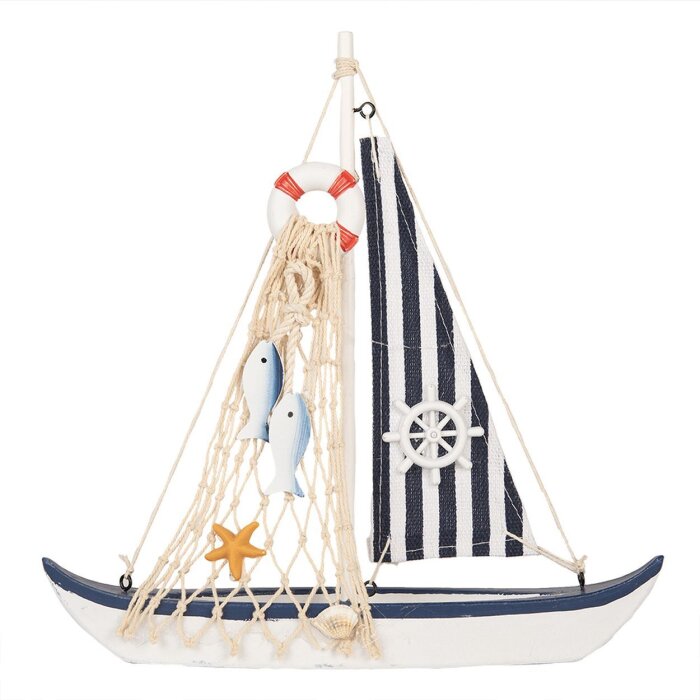 Clayre & Eef Decoratie Zeilboot 25x6x25 cm Wit Blauw MDF Houten Maritieme Decoratie