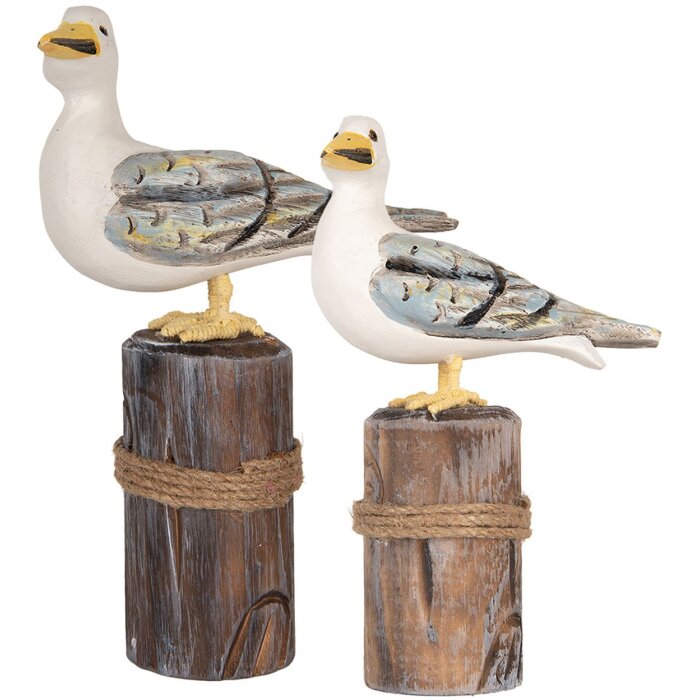 Clayre & Eef Decoratieve Vogels op Houten Stokken Maritiem Set van 2 Bruin Wit