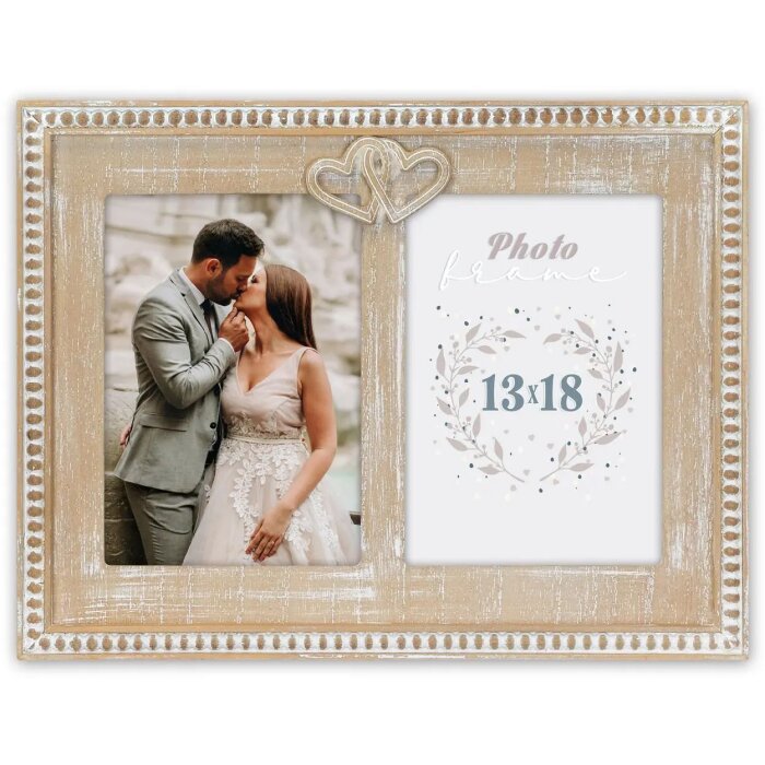 ZEP houten dubbele lijst Selene voor 2 fotos 13x18 cm vintage hartdecoratie natuur wit