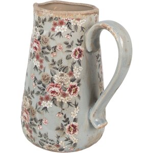 Clayre & Eef sierkan keramiek grijs roze bloemen 21x15x23 cm landelijke stijl