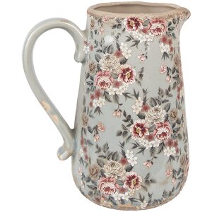 Clayre & Eef sierkan keramiek grijs roze bloemen 21x15x23 cm landelijke stijl
