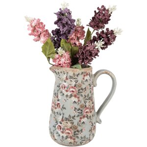 Clayre & Eef sierkan keramiek grijs roze bloemen 21x15x23 cm landelijke stijl