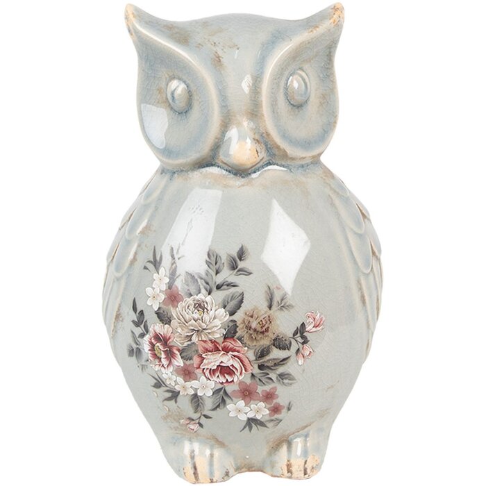 Clayre & Eef Decoratieve Uil Keramiek Grijs Roze 13x12x22 cm Landelijke Stijl Vintage
