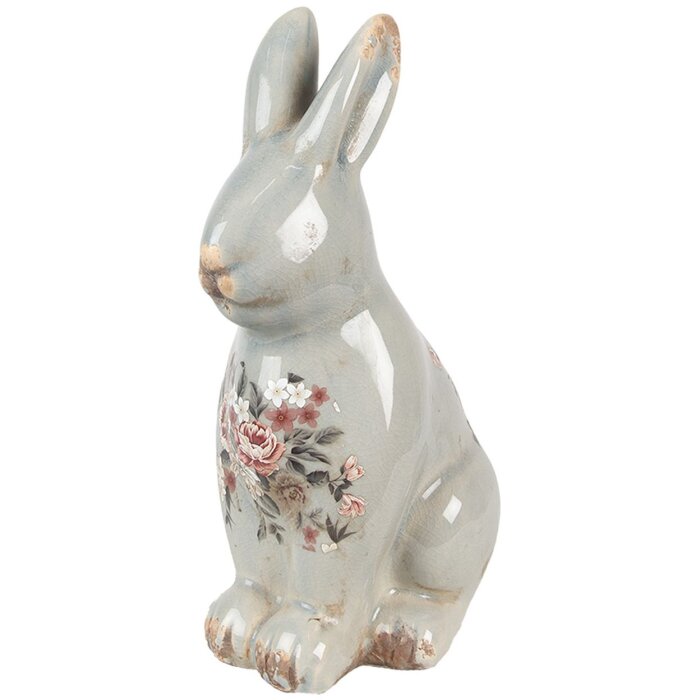 Clayre & Eef Decoratief Konijn Keramiek Grijs Roze 16x12x27 cm Landelijke Stijl