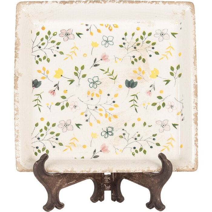 Clayre & Eef Decoratief bord 22x22 cm Beige vintage keramiek bloemenpatroon