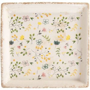 Clayre & Eef Decoratief bord 22x22 cm Beige vintage keramiek bloemenpatroon