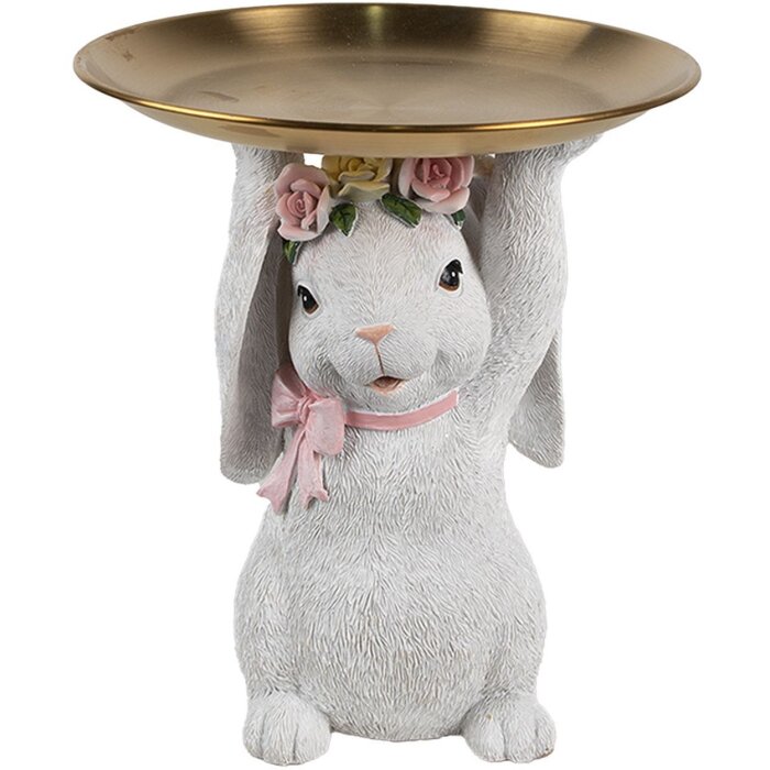 Clayre & Eef Decoratie Konijn met Schaaltje Witgoud Ø 21 cm Polyresin