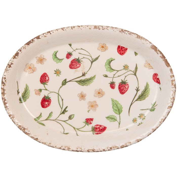 Clayre & Eef Decoratief bord 25x18x3 cm Beige Rood met aardbeienmotief