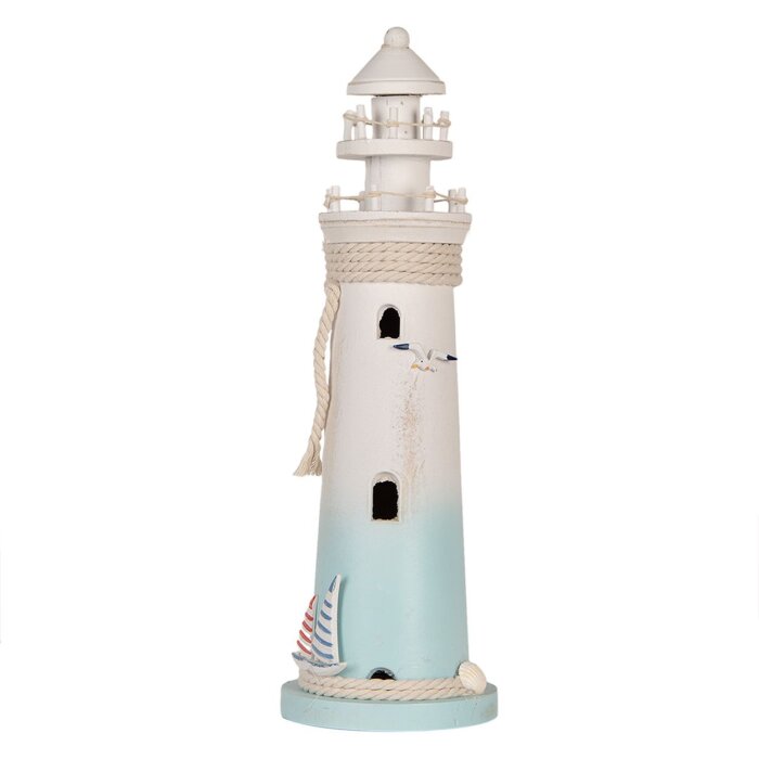 Clayre & Eef Decoratieve Vuurtoren Wit Blauw Ø 13x42 cm MDF Houten Maritieme Decoratie