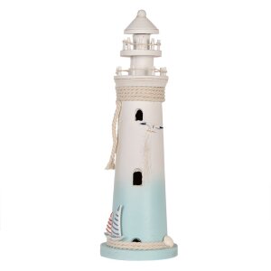 Clayre & Eef Decoratieve Vuurtoren Wit Blauw Ø 13x42 cm MDF Houten Maritieme Decoratie