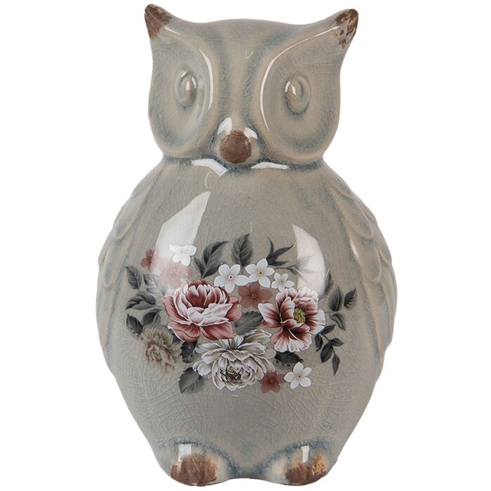 Clayre & Eef Decoratieve Uil Keramiek Beeldje Grijs Roze 11x10x17 cm Landelijke Stijl